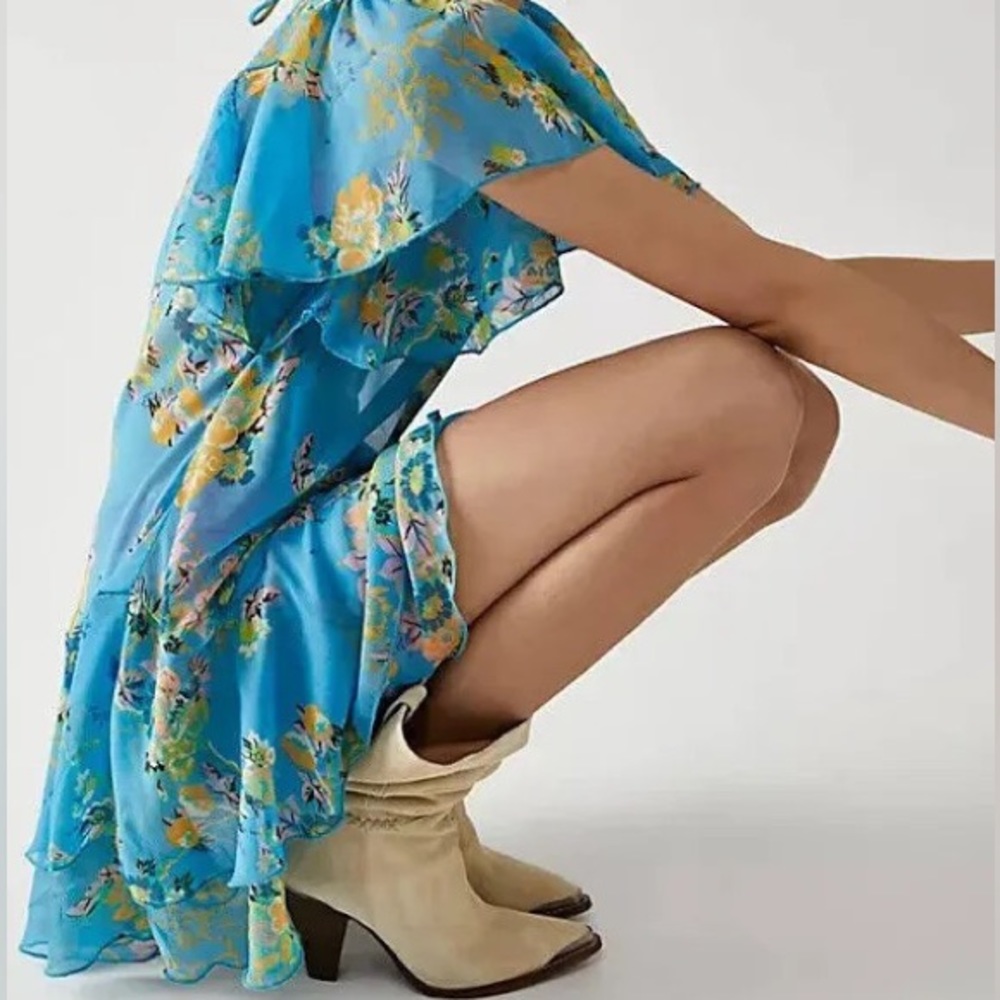 Free People • NWOT Love to Love Teal Blue Floral Chiffon Mini Dress Size Small